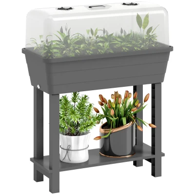 Outsunny 41L Self Watering Raised Garden Bed w/ Ventilation Transparent Lid Greenhouse, Planter Box w/ Storage Shelf, Dark Grey