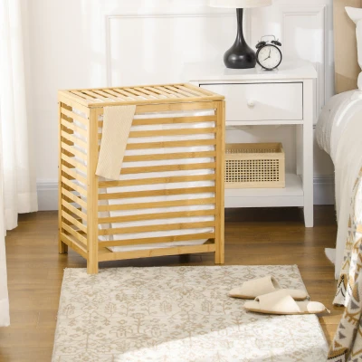 HOMCOM 55L Bamboo Laundry Basket with Lid & Removable Liner, Natural