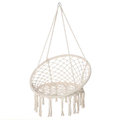 Outsunny Patio Hammock Chair, Hanging Rope Hammock Swing for Indoor & Outdoor Use with Backrest, Cotton-Polyester Blend, Fringe Tassels, Cream White