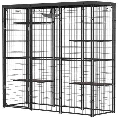 PawHut Weld Wire Catio Outdoor Indoor with Waterproof Cover, 4 Jumping Platforms, Hammock, 69" x 22" x 62", Black