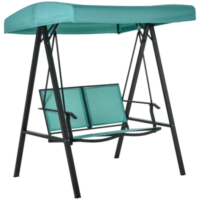 Outsunny 2-Person Patio Swing Chair Outdoor Canopy Swing Bench with Adjustable Shade, Breathable Mesh Seats and Steel Frame for Garden, Poolside, Backyard, Blue
