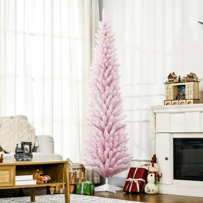 HOMCOM 7ft Flocked Christmas Tree, Pencil Artificial Christmas Tree with Realistic Branches, Pink