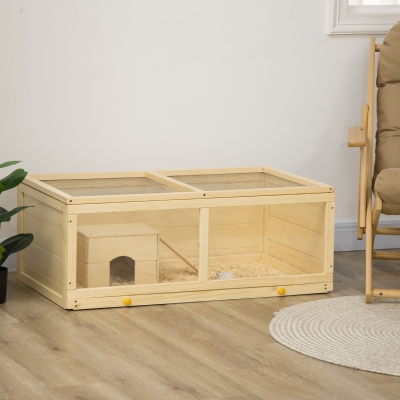 PawHut Small Animals Kit Hutch w/ Sliding Tray, Exercise Play House for Dwarf Hamsters, Gerbils, Chinchillas, Natural Wood