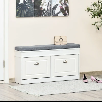HOMCOM Modern Shoe Rack Bench with Cushion, 2 Drawers, White