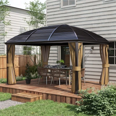 Outsunny 10' x 14' Hardtop Gazebo, Steel Roof with Curtains, Brown