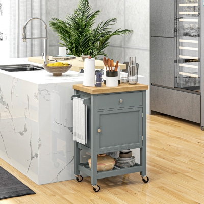 HOMCOM Kitchen Cart on Wheels, Rolling Kitchen Island Cart with Wood Top, Towel Rack, Drawer and Shelf for Dining Area, Grey