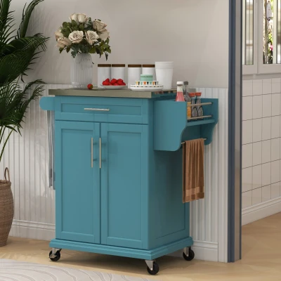 HOMCOM Rolling Kitchen Island with Storage & Steel Countertop, Blue