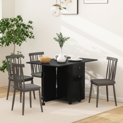 HOMCOM Extendable Dining Table, Drop Leaf Table with 2 Drawers, Cabinet and 6 Wheels for Small Spaces, Kitchen, Black Wood Grain
