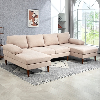HOMCOM U Shape Couch with Double Chaise Lounge, Modern 4 Seater Sofa with Wooden Legs, Fabric Sofa for Living Room, Beige