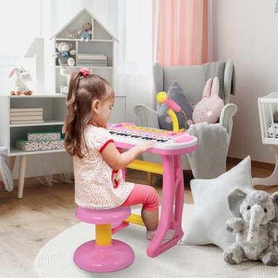 Qaba Kids Toddler Toy Piano Keyboard with Included Sitting Stool, Working Microphone, A Fun Bright Flashlight, Pink