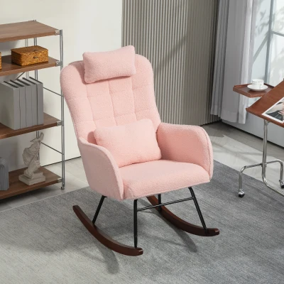 HOMCOM Pink Nursery Rocking Chair with Headrest & Lumbar Pillow