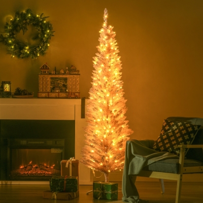 HOMCOM 6' Pre Lit Artificial Pencil Christmas Trees, Xmas Tree with Realistic Branches and Warm White LED Lights, Pink