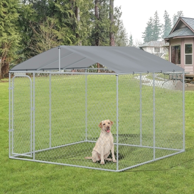 PawHut Dog Kennel Outdoor Run Fence with Roof, Steel Lock, Mesh Sidewalls for Backyard & Patio, 9.8' x 9.8' x 7.7'