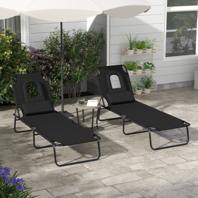 Outsunny 2PCS Adjustable Outdoor Lounge Chair, Garden Folding Chaise Lounge with Face Hole Reclining Tanning Chair Seat, Folding Camping Beach Lounging Bed w/ Head Support Black