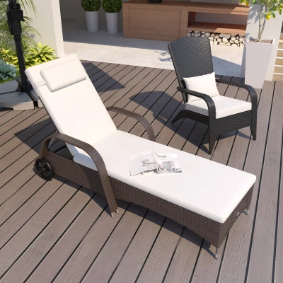 Outsunny Wicker Outdoor Chaise Lounge, Adjustable Backrest, Brown/Cream
