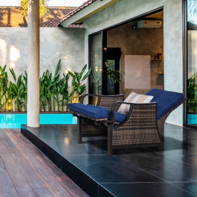 Outsunny Outdoor Recliner Chair, Dark Blue Wicker Lounge Chaise