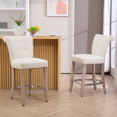 HOMCOM Bar Stools Set of 2, Upholstered Counter Height Stools with Button Tufted Back, Wood Legs and Footrest, Cream White