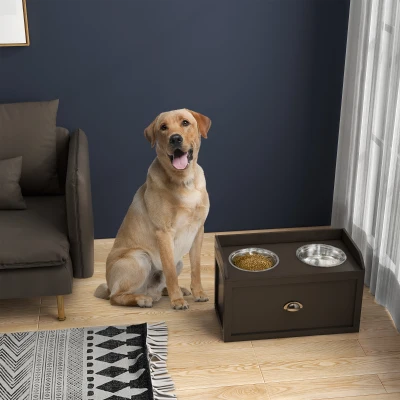 PawHut Elevated Dog Feeding Station with Storage, 2 Bowls, Coffee