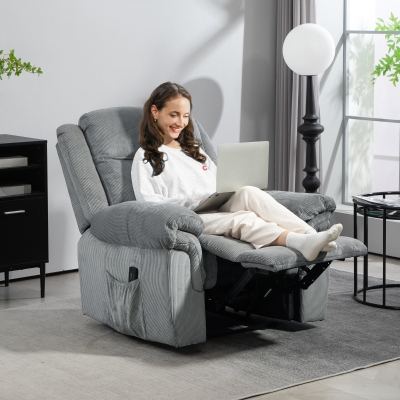 HOMCOM Manual Recliner Chair with Vibration Massage, Side Pockets, Corduroy Reclining Chair for Living Room, Grey
