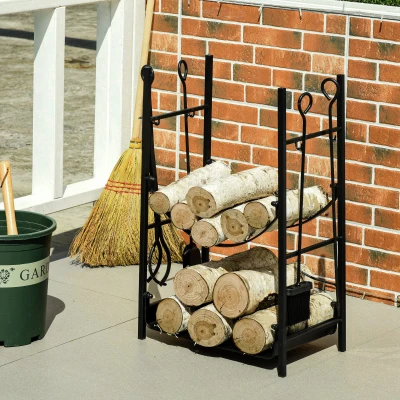 Outsunny 2-Tier Firewood Rack with Tools, Indoor/Outdoor, Black
