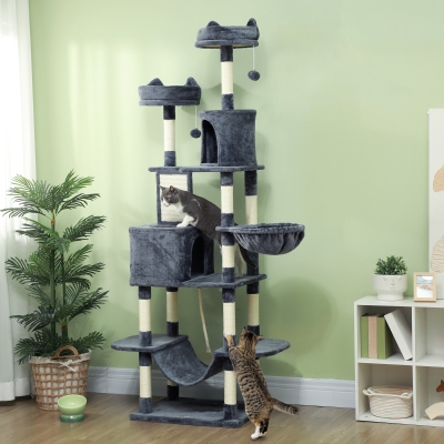 PawHut 81" Large Cat Tree w/ Scratching Posts, Condos, Beds, Hammocks, Jumping Platforms, Toy Balls, Rope Cat Toy, Dark Grey