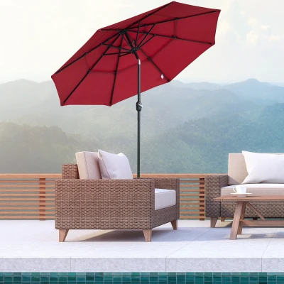 Outsunny 9FT Patio Umbrella, 3 Tiers, Crank & Tilt, Wine Red