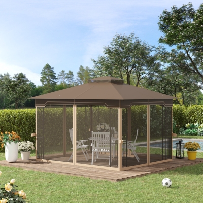 Outsunny 12' x 10' Soft-top Patio Gazebo Covered Gazebo Backyard Tent with Double Tier Roof and Netting Sidewalls, Brown