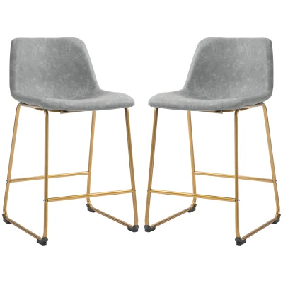 HOMCOM Counter Height Stools Set of 2, PU Leather Upholstered Stools for Kitchen Island, Modern Bar Chairs, Light Grey