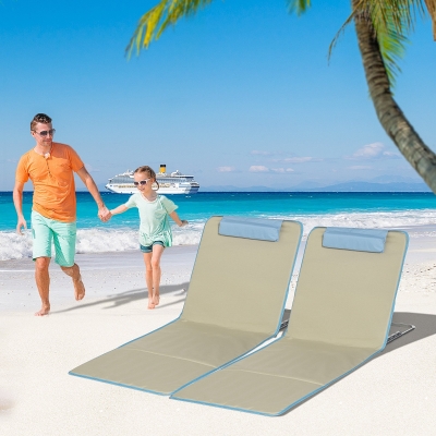 Outsunny Set of 2 Beach Lounge Chair, Folding Ground Beach Mat w/ Adjustable Back, Steel Frame, Head Pillow and Carry Bag, Beige