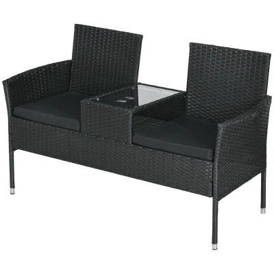 Outsunny Patio Furniture w/ Mid-Table PE Rattan Loveseat w/ Cushion, Black