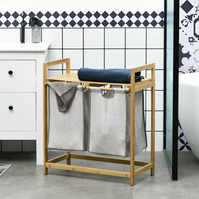 HOMCOM Bamboo Laundry Basket, Double Hamper with Shelf, Natural