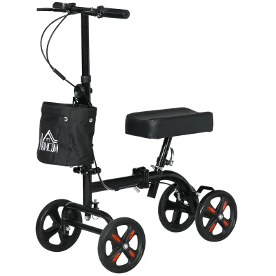 HOMCOM Steerable Knee Walker, Foldable Knee Scooter with Dual Braking System, Adjustable Height, Crutch Alternative, Black