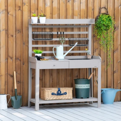 Outsunny Potting Bench Table, Garden Workstation with Sink, Gray