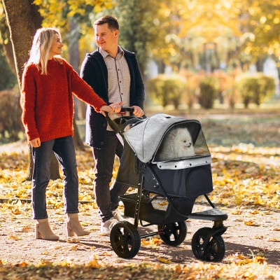 PawHut 3 Wheel Folding Dog Stroller, Travel Carrier with Adjustable Canopy, Storage Brake, Mesh Window for S&M Dogs Grey