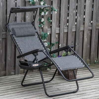 Outsunny Outdoor Zero Gravity Reclining Lounger Chair with Canopy Shade, Side Tray, Cupholder, Light Grey