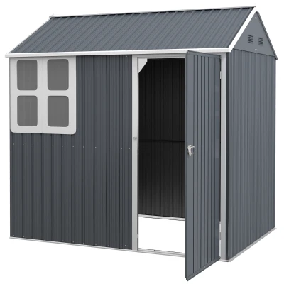 Outsunny 7' x 5.5' Metal Garden Storage Shed, Outdoor Tool Storage House with Lockable Door, Vents, Sloped Roof, Dark Grey