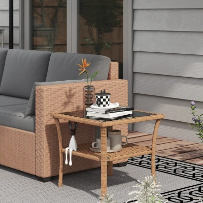 Outsunny Rattan Side Table, Outdoor Coffee Table with Storage, Sand