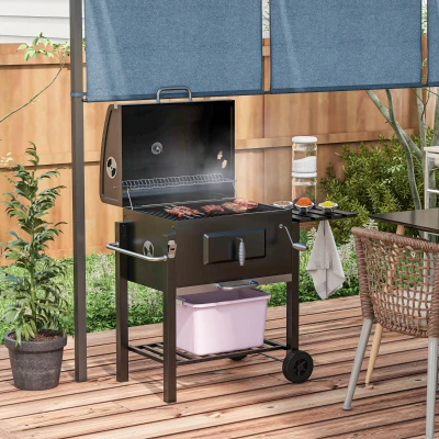 Outsunny Charcoal BBQ Grill & Smoker Combo, Portable Trolley, Black
