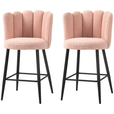 HOMCOM Faux Cashmere Bar Stools Set of 2 Counter Height Bar Stools with Back for Home Kitchen, 20.5"x19.7"x36.6", Pink