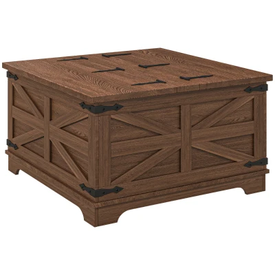 HOMCOM Farmhouse Coffee Table, Square Center Table with Flip-top Lids, Hidden Storage Compartment, Brown