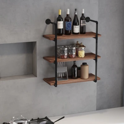 HOMCOM 3-Tier Industrial Pipe Floating Shelves, Rustic Brown