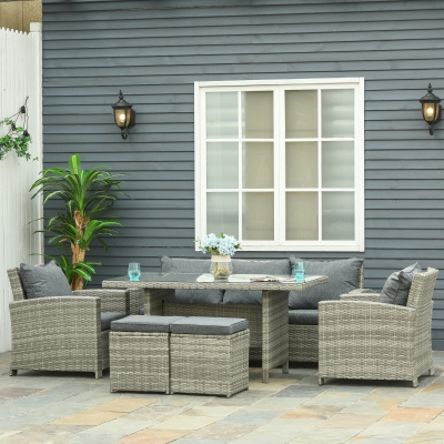 Outsunny 6 Pcs Patio Furniture Set, Rattan Outdoor Furniture Set with 3 Seater Sofa, Armchairs, Footstools and Table, Dark Grey