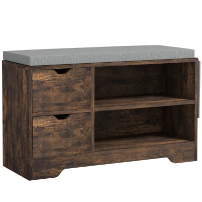 HOMCOM Upholstered Shoe Storage Bench w/ Seat, Entrance Bench w/ Drawer Open Shelves and Pocket for Hallway, Rustic Brown