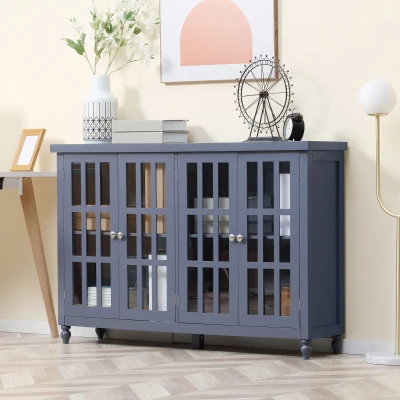 HOMCOM Gray Sideboard Buffet Cabinet with Glass Doors & Storage Shelf