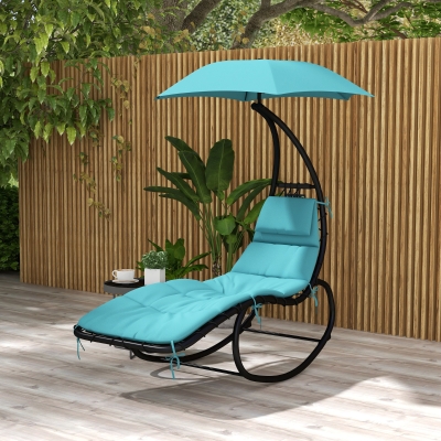 Outsunny Tanning Chair with Sunshade Roof, Rocking Base, Cushion, Headrest, Turquoise