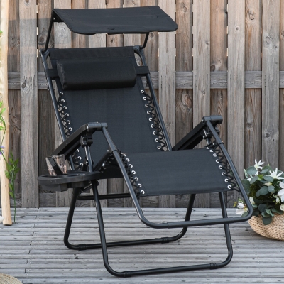 Outsunny Outdoor Zero Gravity Reclining Lounger Chair with Canopy Shade, Side Tray, Cupholder, Black