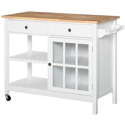 HOMCOM Rolling Kitchen Cart, Solid Wood Top, White