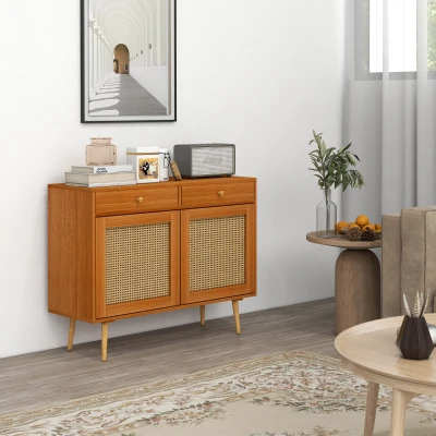 HOMCOM Kitchen Storage Cabinet with 3 Rattan Doors, Boho Accent