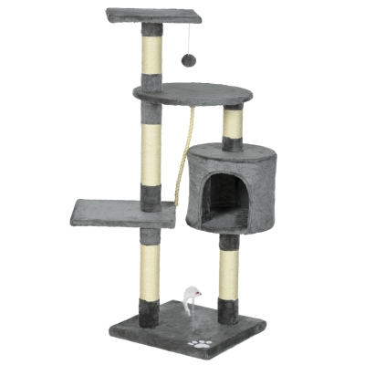 PawHut 46Inch Scratching Cat Tree, Multi Level Cat Tower for Large Cats Adult with Toys and Condo, Grey