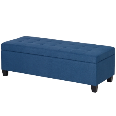 HOMCOM Rectangular Entry Bench, Tufted Upholstered Linen Fabric Wood Feet Storage Ottoman Bench, Blue